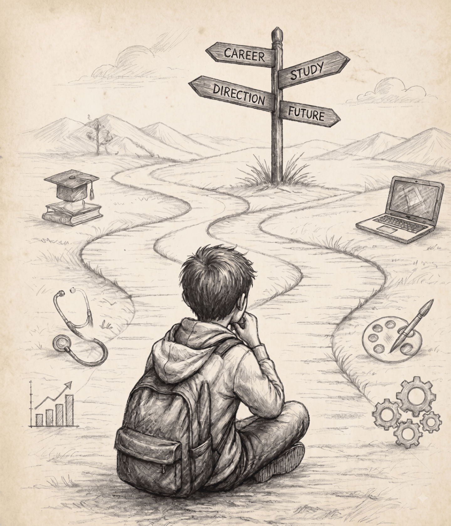 Student reflecting at a career crossroads signpost, weighing career, study, direction, and future paths
